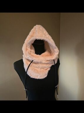 Plush Peach Faux-Fur Hooded Scarf with Drawcords